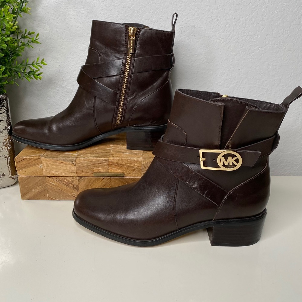Michael Kors‎ Bryce Chocolate Brown Leather Ankle Boots Side Zip Block Heel SZ 8 - Picture 3 of 15